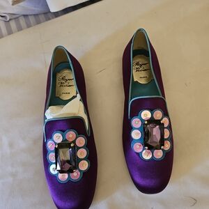 Roger Vivier Plum Satin Jeweled Loafers with Turquoise Trim For Little Girl